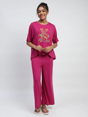 Pink Embroidered Solid Loungewear