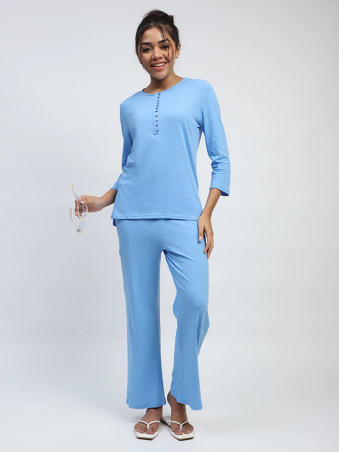 Blue Solid Polycotton Lounge Wear