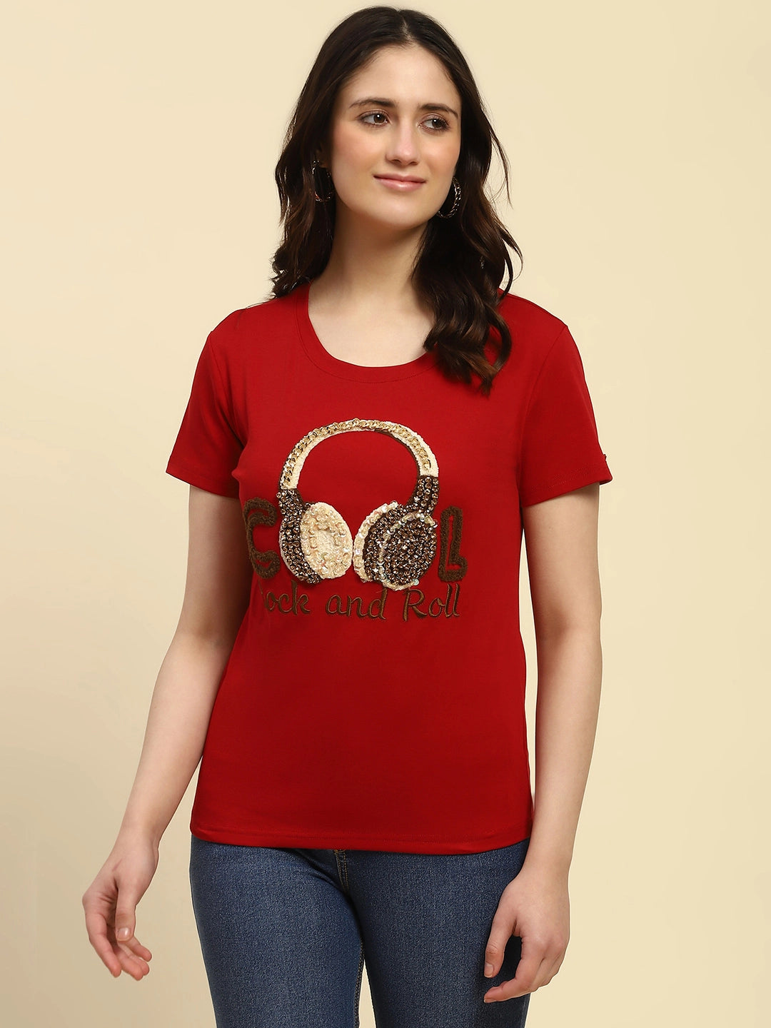 Red Quirky Embellished Cotton Top
