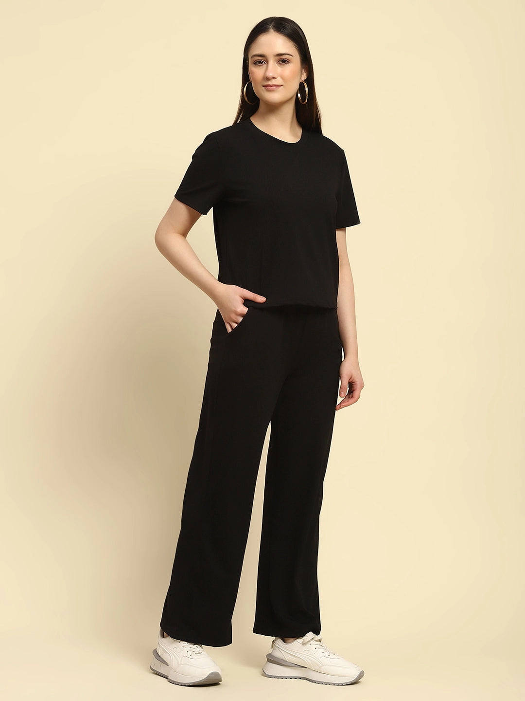 Black Striped Poly Blend Co-ord Set