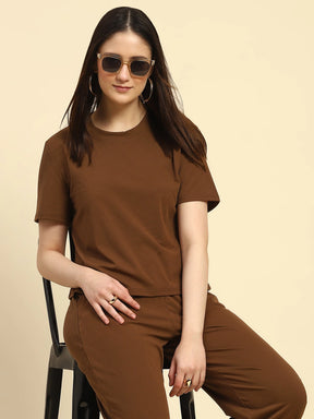 Brown Striped Poly Blend Co-ord Set