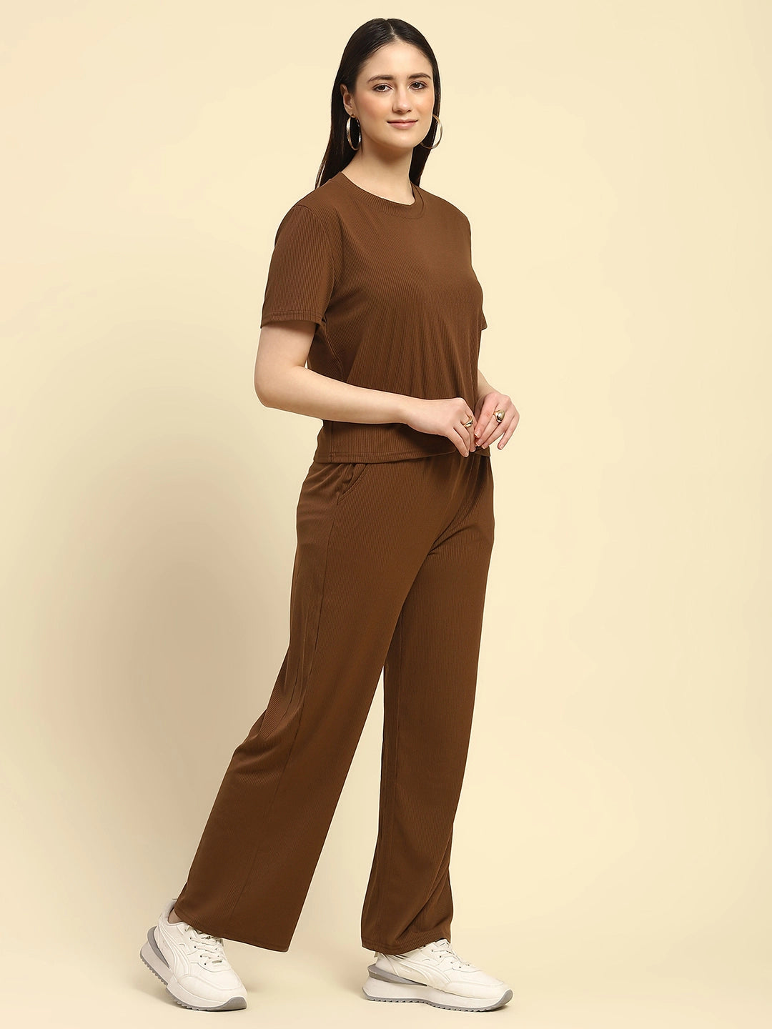 Brown Striped Poly Blend Co-ord Set