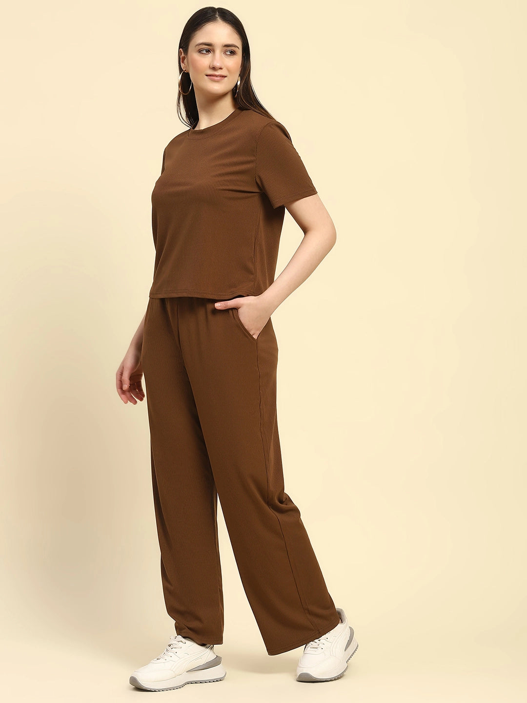 Brown Striped Poly Blend Co-ord Set