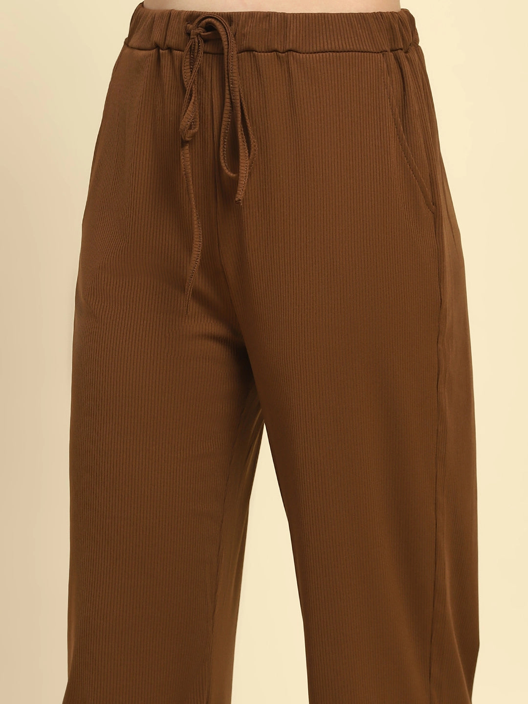 Brown Striped Poly Blend Co-ord Set