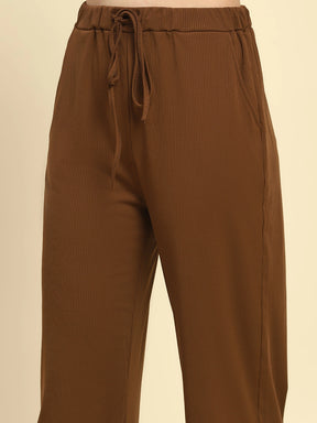 Brown Striped Poly Blend Co-ord Set