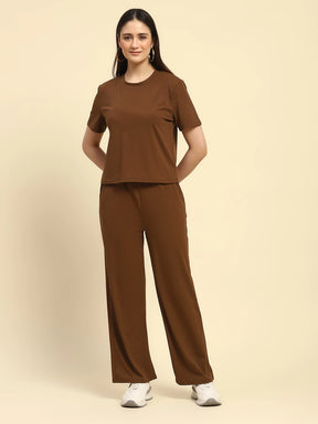 Brown Striped Poly Blend Co-ord Set