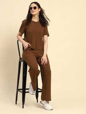 Brown Striped Poly Blend Co-ord Set