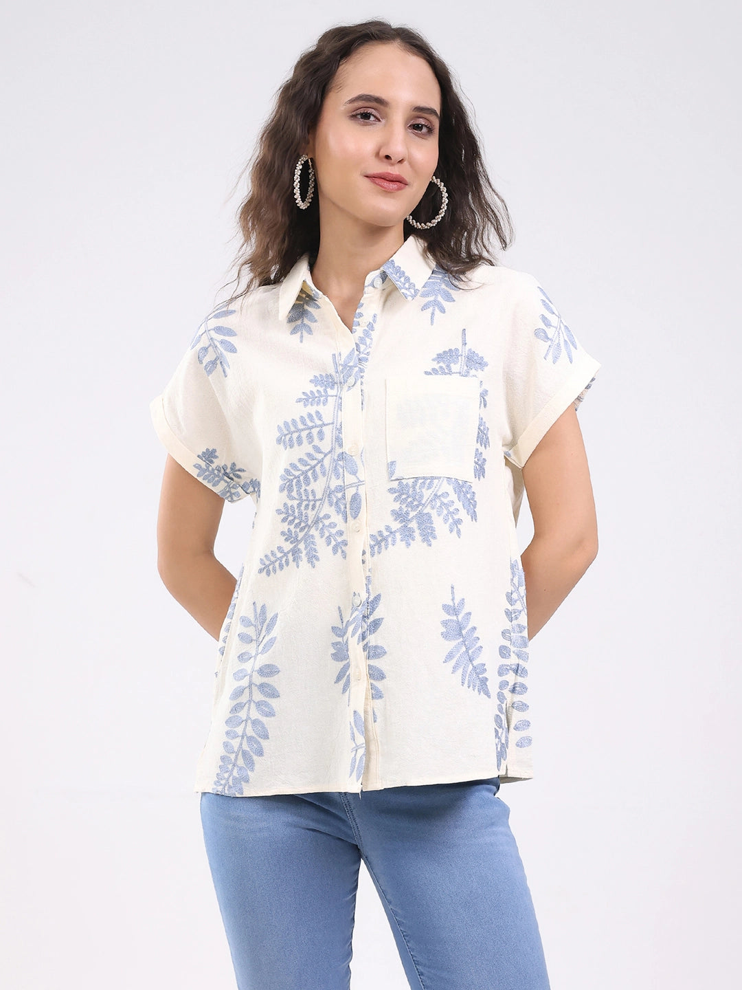 Beige Embroidered Boxy Shirt - Global Republic