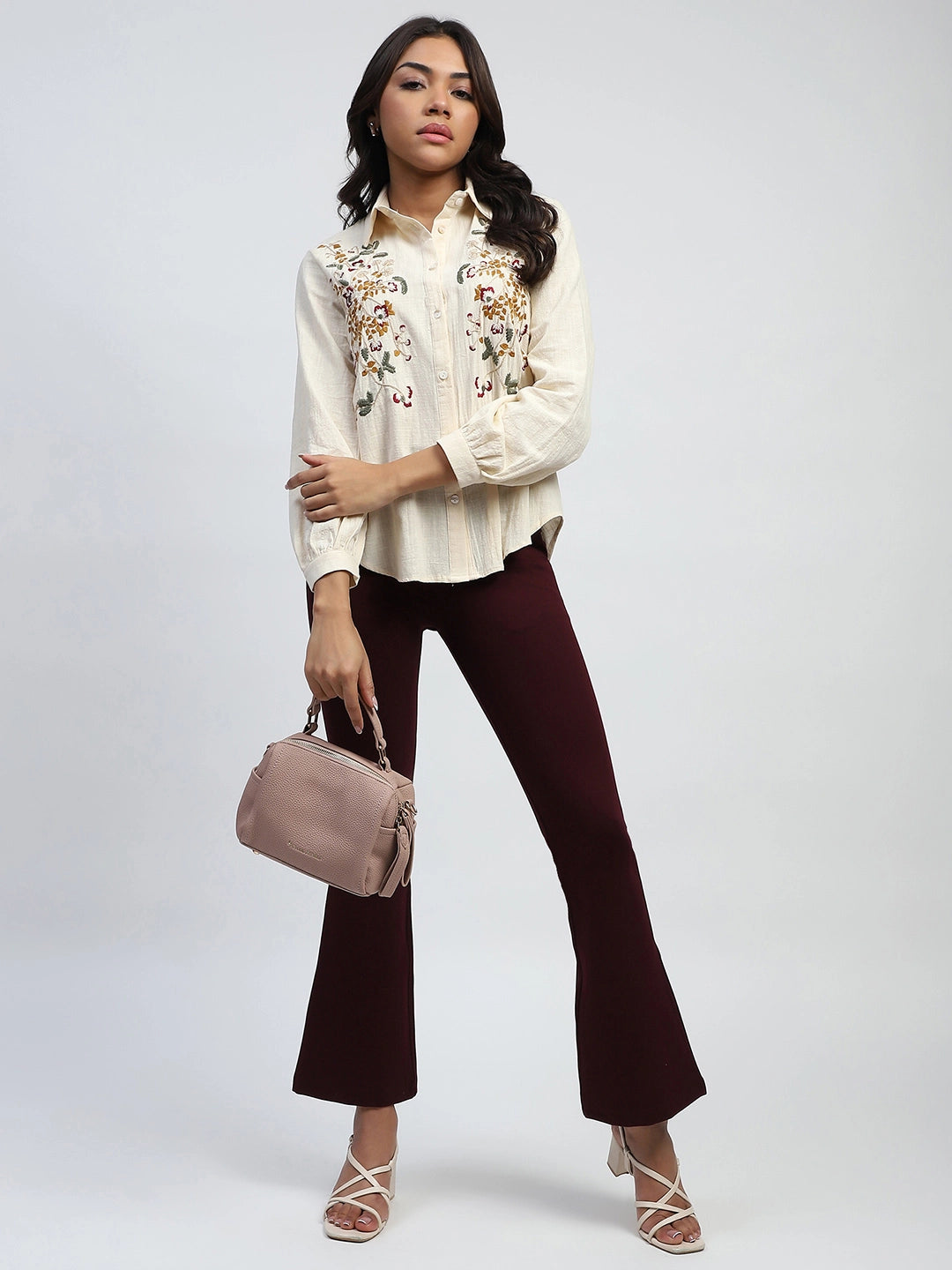 Cream Floral Embroidered Cotton Shirt