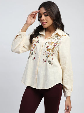 Cream Floral Embroidered Cotton Shirt