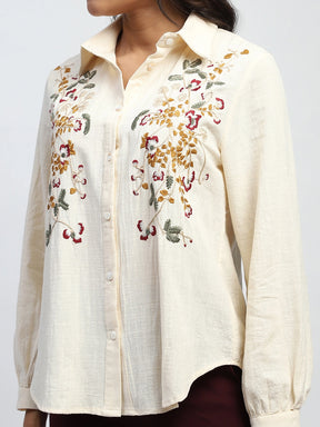 Cream Floral Embroidered Cotton Shirt