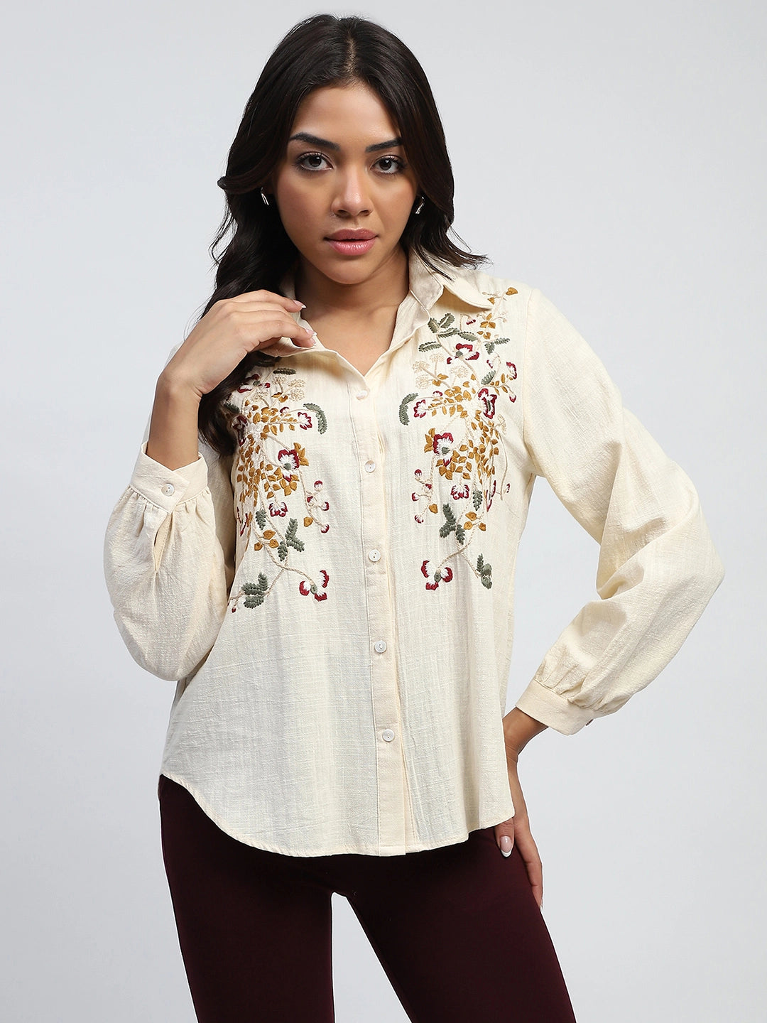 Cream Floral Embroidered Cotton Shirt