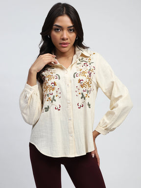 Cream Floral Embroidered Cotton Shirt