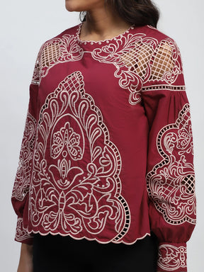 Wine Cut Work Embroidered Top