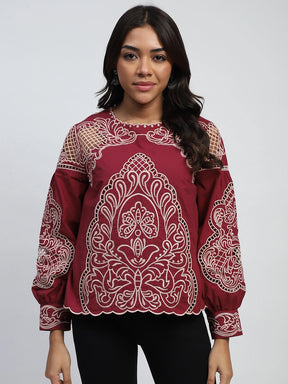 Wine Cut Work Embroidered Top