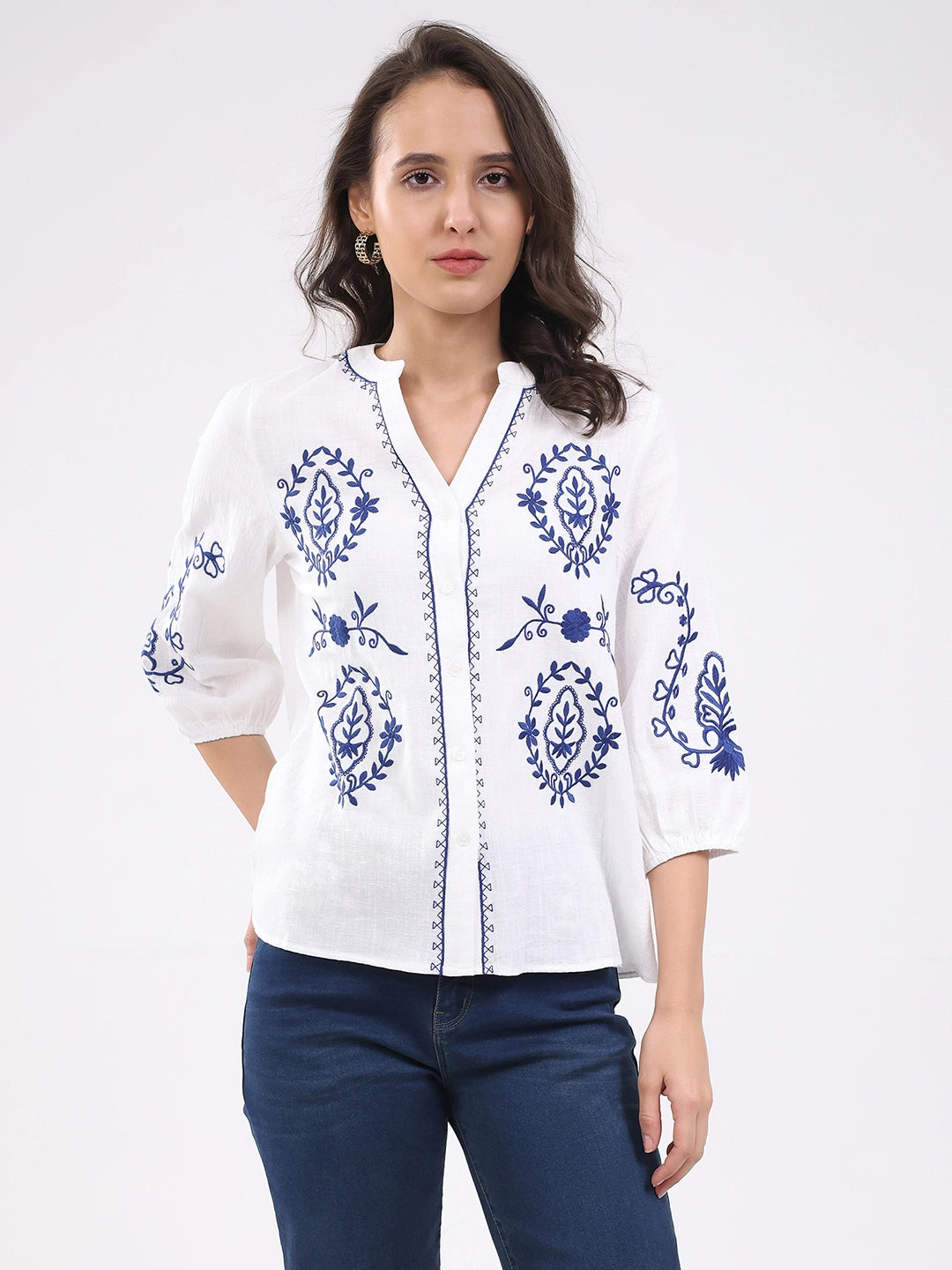 White & Navy Embroidered Shirt - Global Republic
