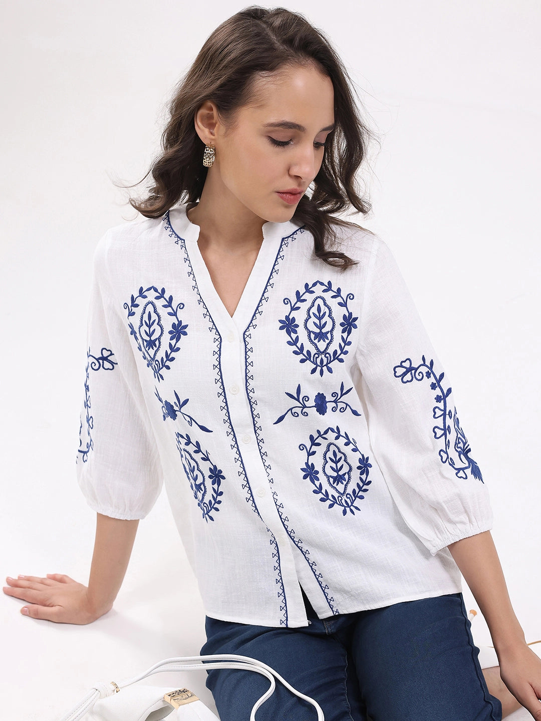 White & Navy Embroidered Shirt - Global Republic