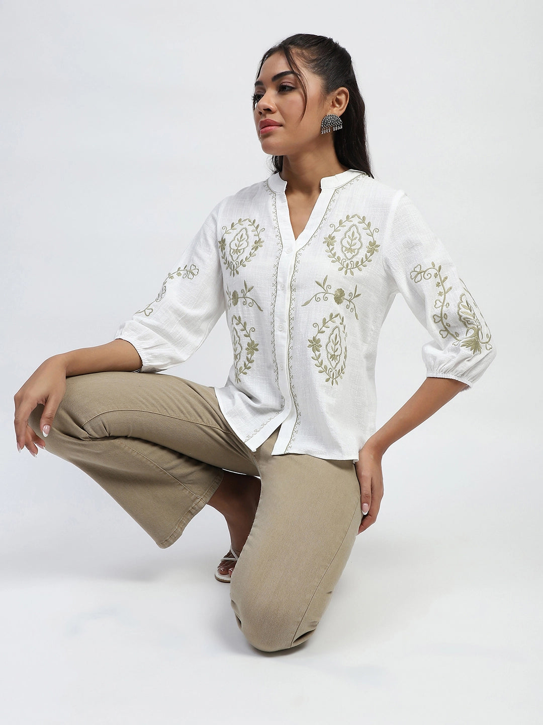 White Embroidered Cotton Shirt