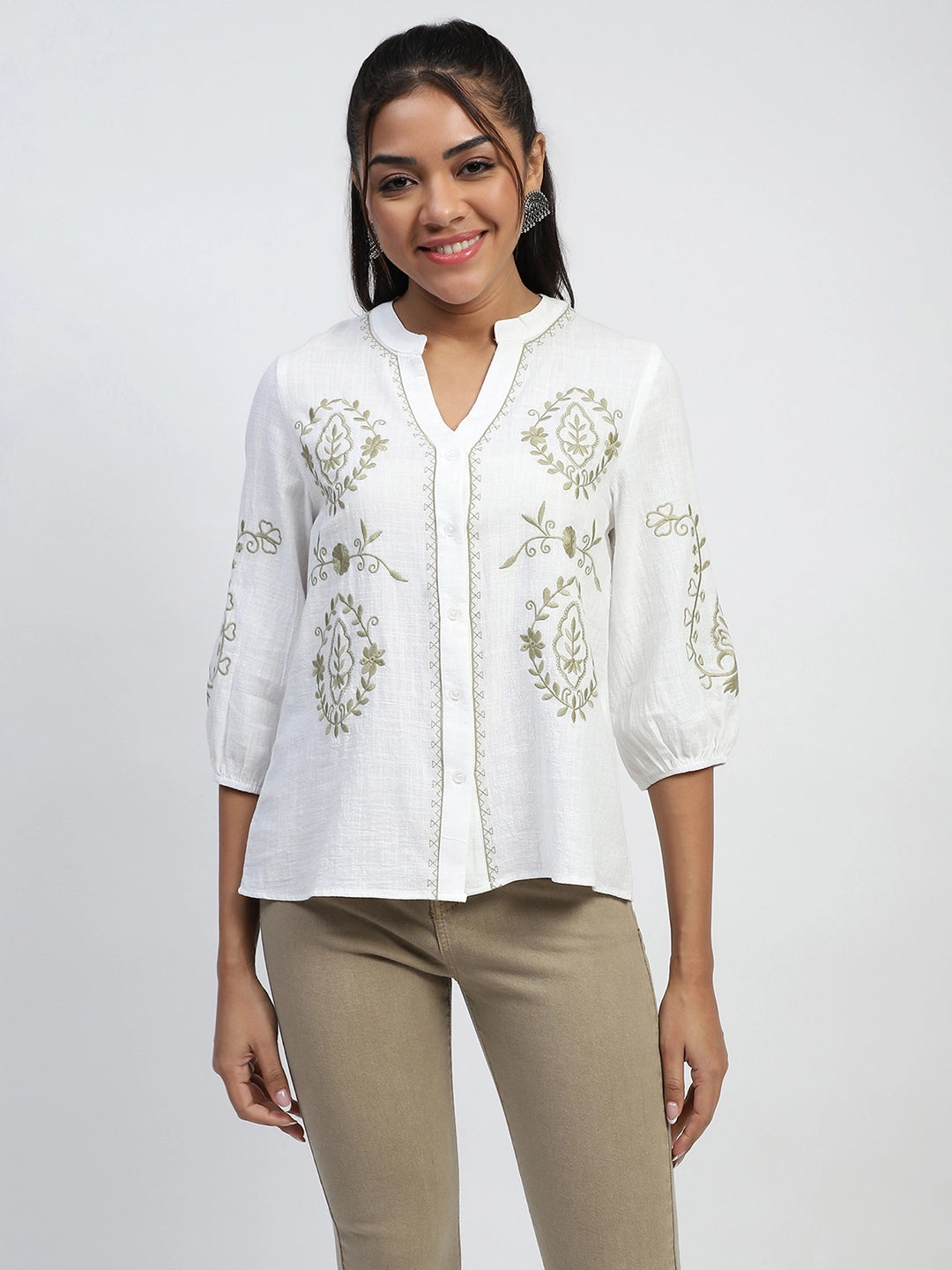 White Embroidered Cotton Shirt