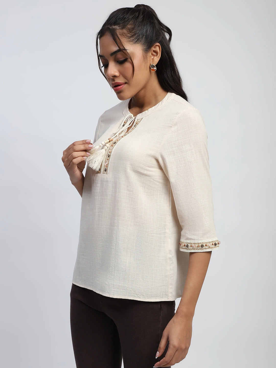 Cream Cotton Embroidered  Top - Global Republic