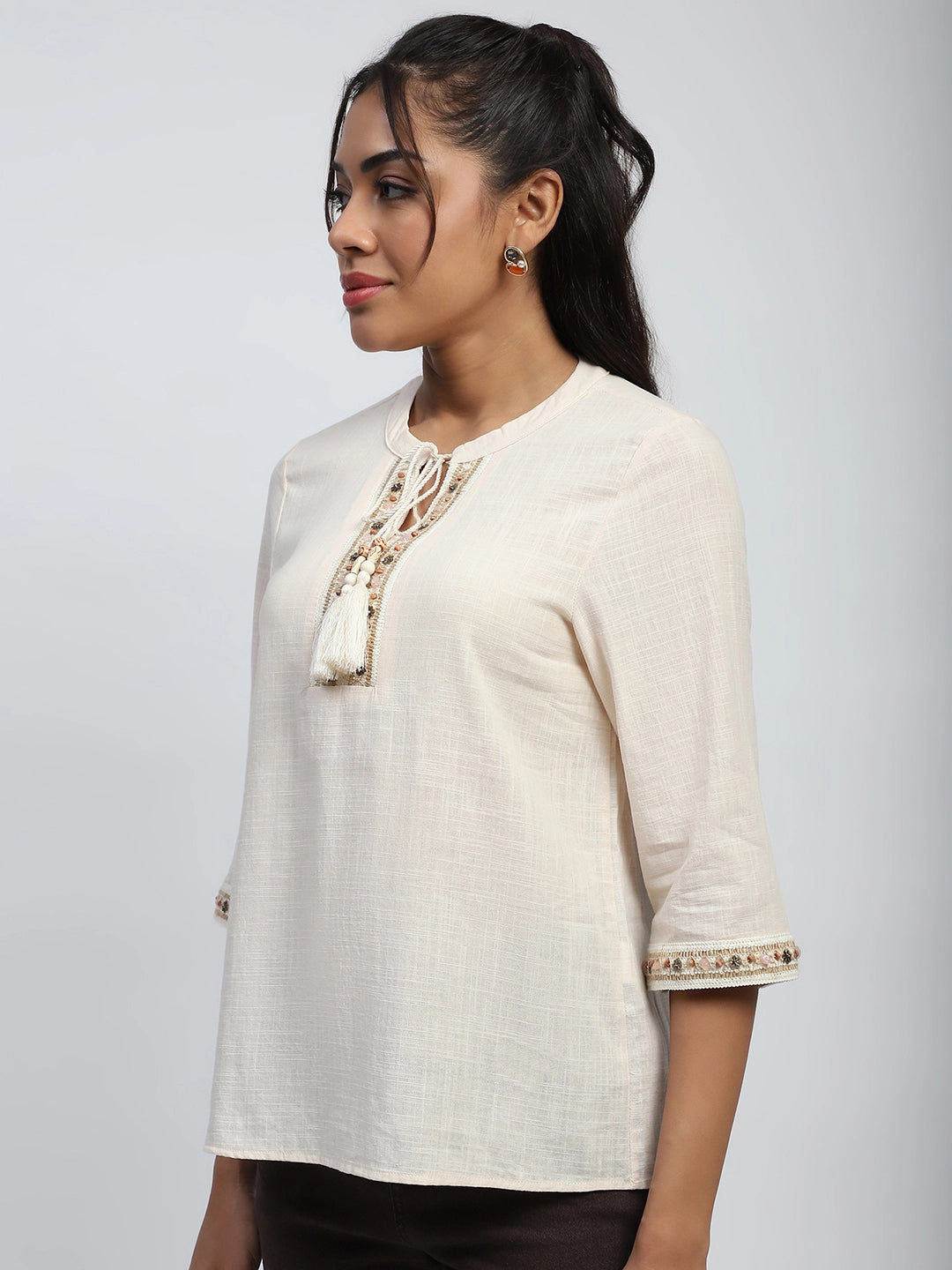 Cream Cotton Embroidered  Top - Global Republic