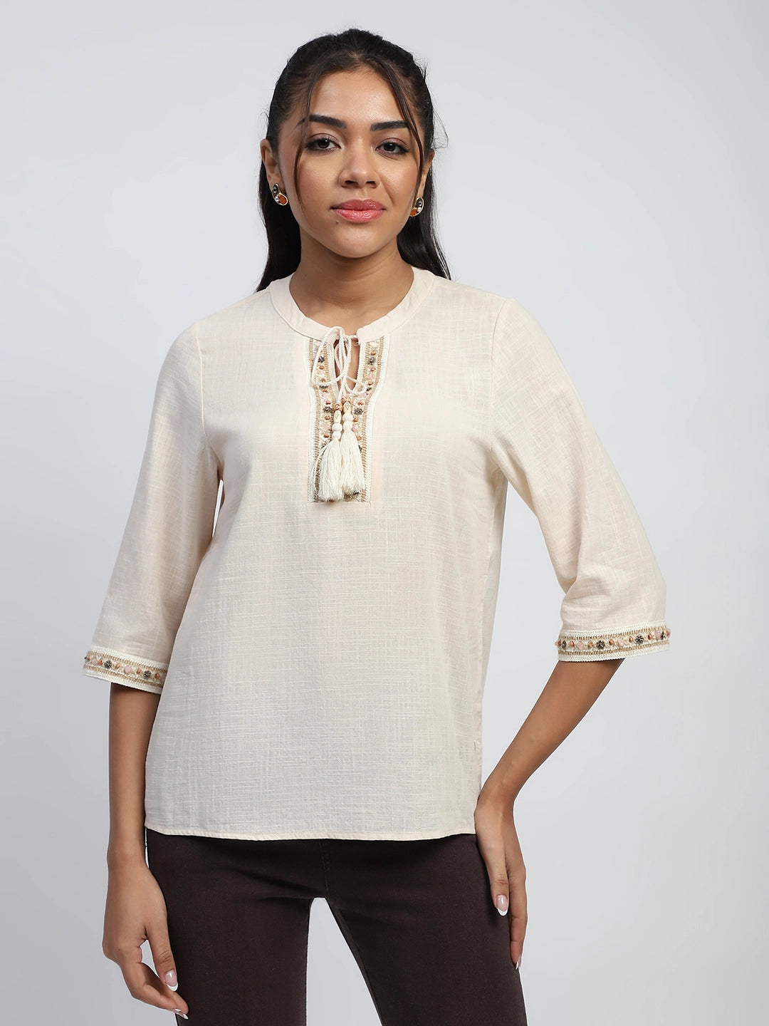 Cream Cotton Embroidered  Top - Global Republic