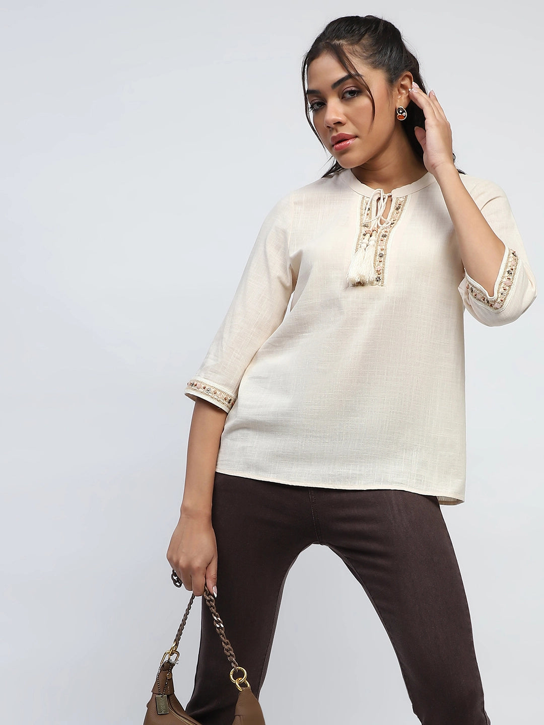 Cream Cotton Embroidered  Top - Global Republic