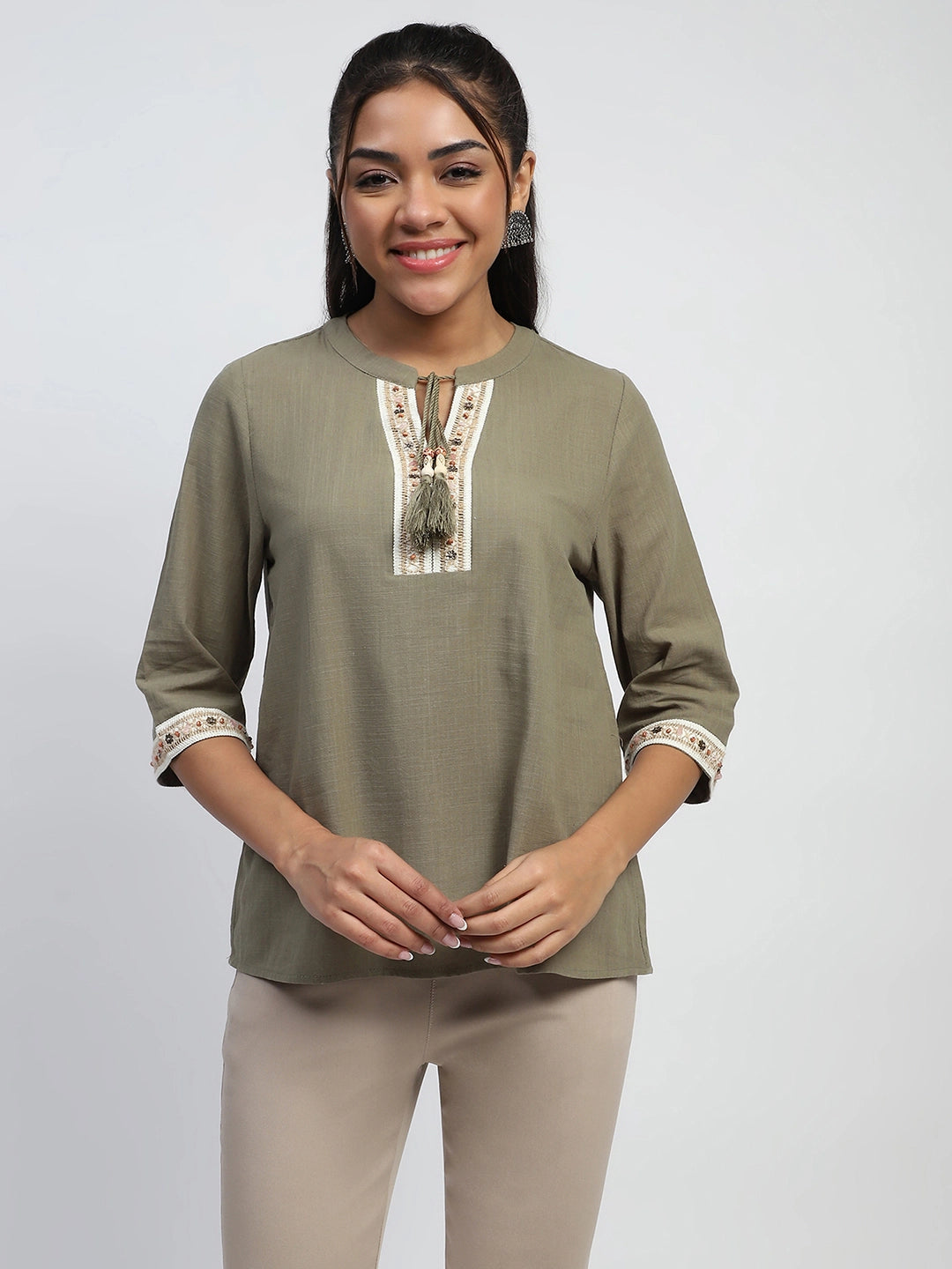 Olive Embroidered Cotton Top - Global Republic