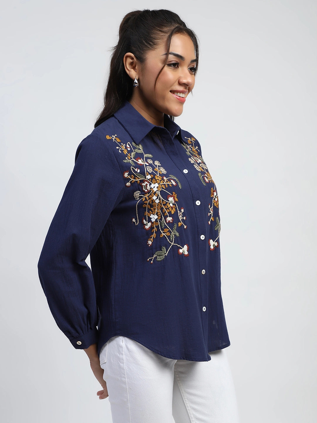 Navy Floral Embroidered Cotton Shirt