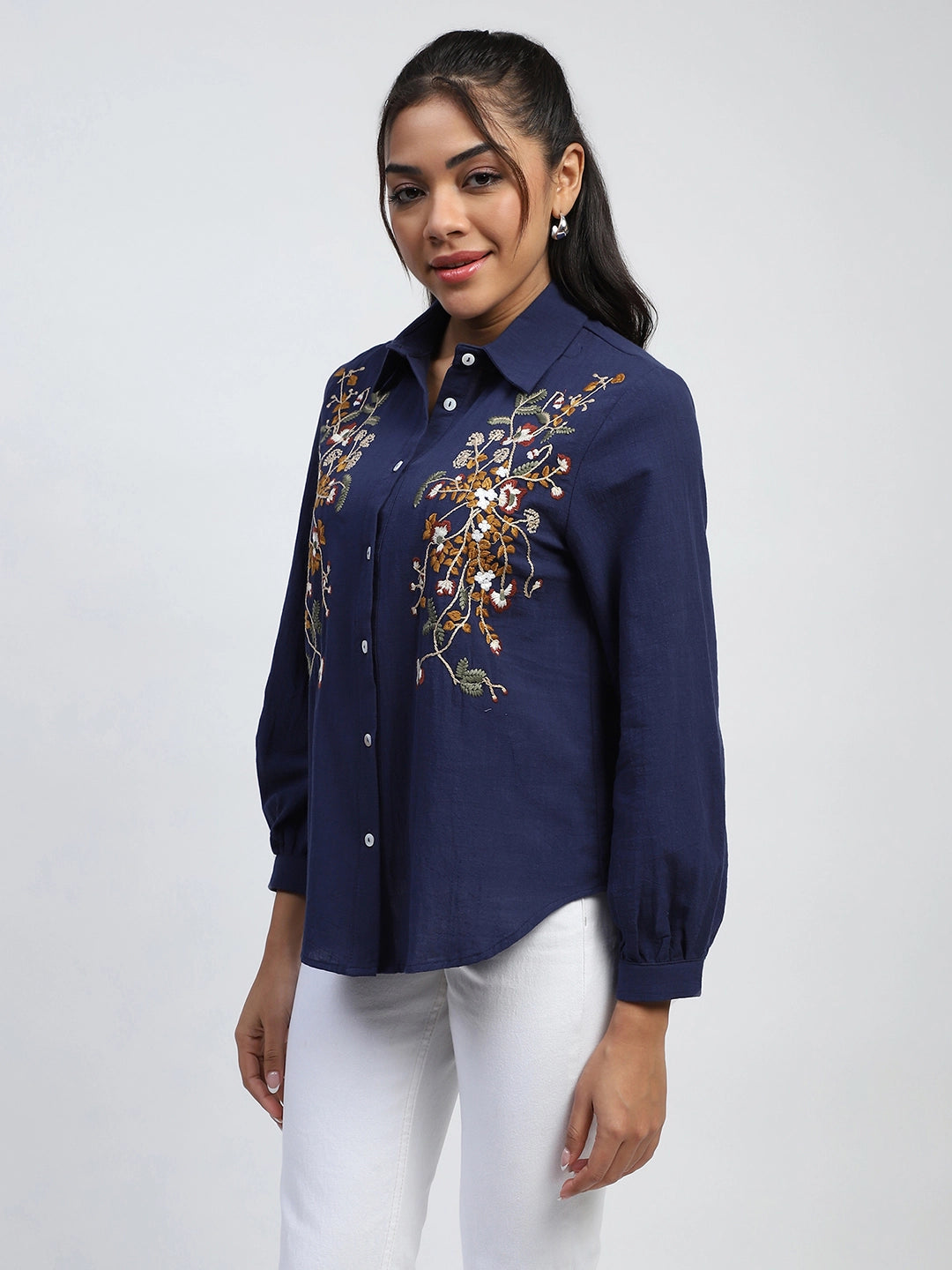 Navy Floral Embroidered Cotton Shirt