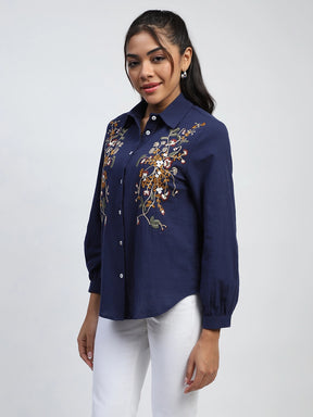 Navy Floral Embroidered Cotton Shirt