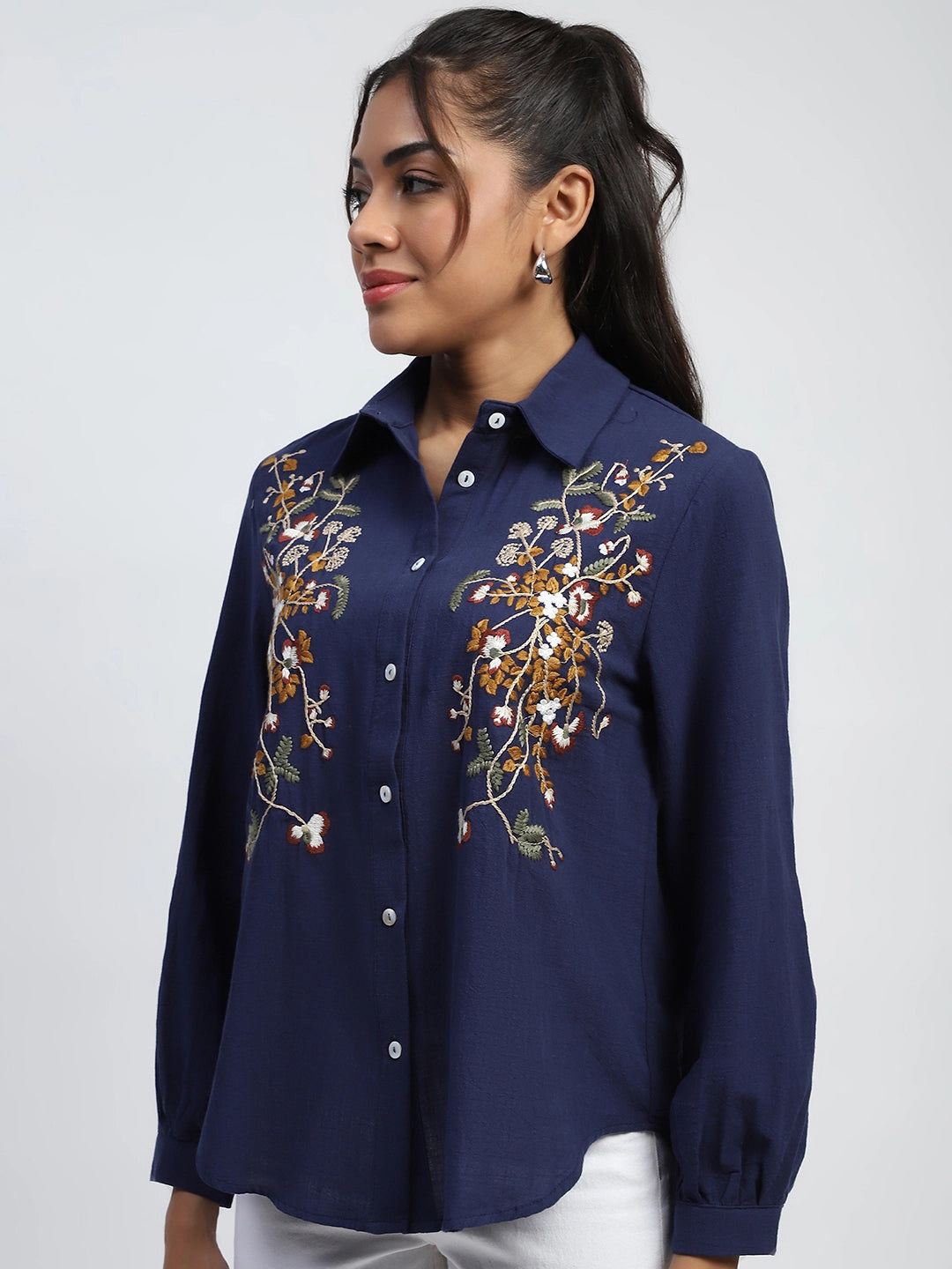 Navy Floral Embroidered Cotton Shirt