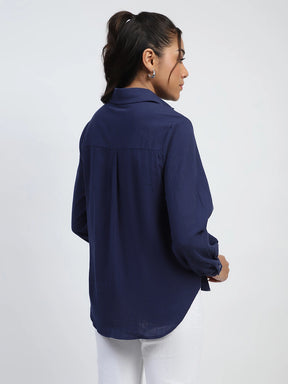 Navy Floral Embroidered Cotton Shirt