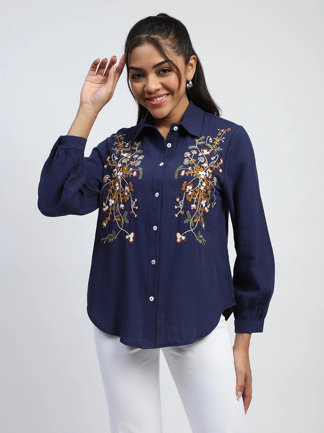 Navy Floral Embroidered Cotton Shirt