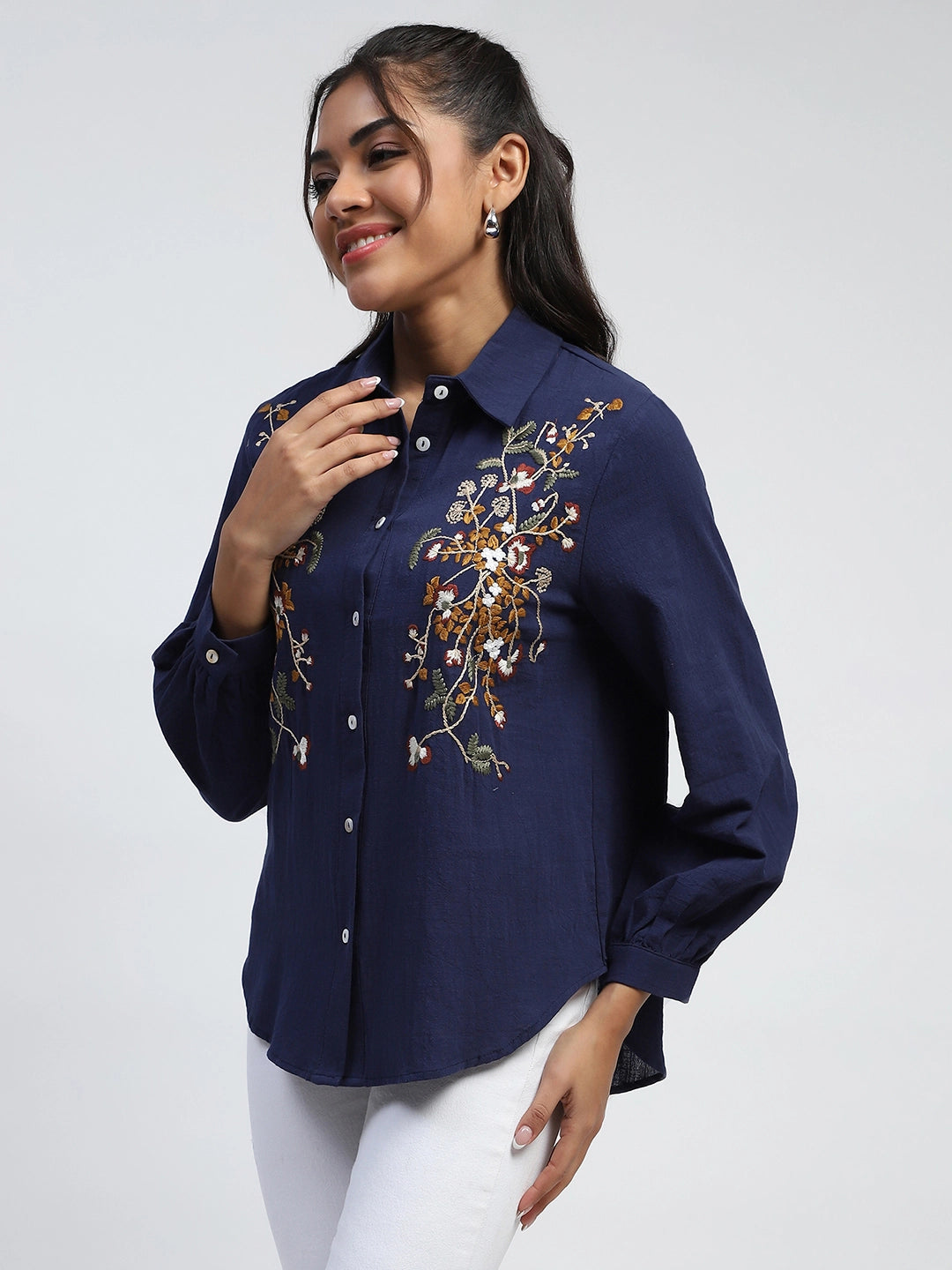 Navy Floral Embroidered Cotton Shirt