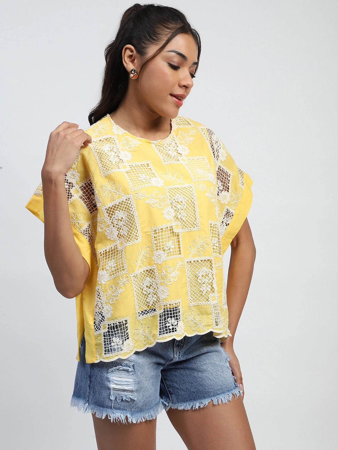 Yellow Embroidered Cotton Boxy Blouse