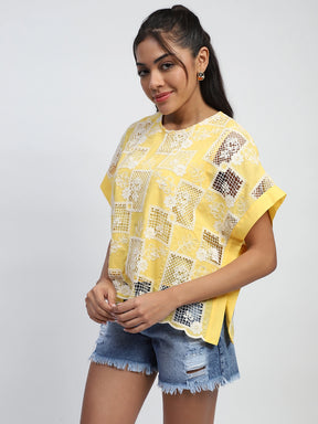 Yellow Embroidered Cotton Boxy Blouse