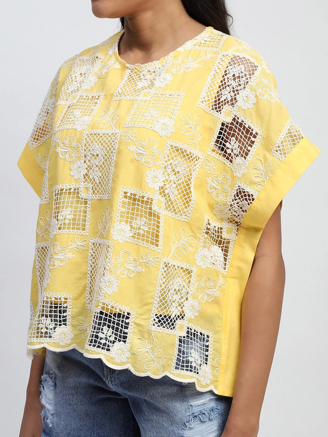 Yellow Embroidered Cotton Boxy Blouse