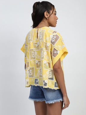Yellow Embroidered Cotton Boxy Blouse