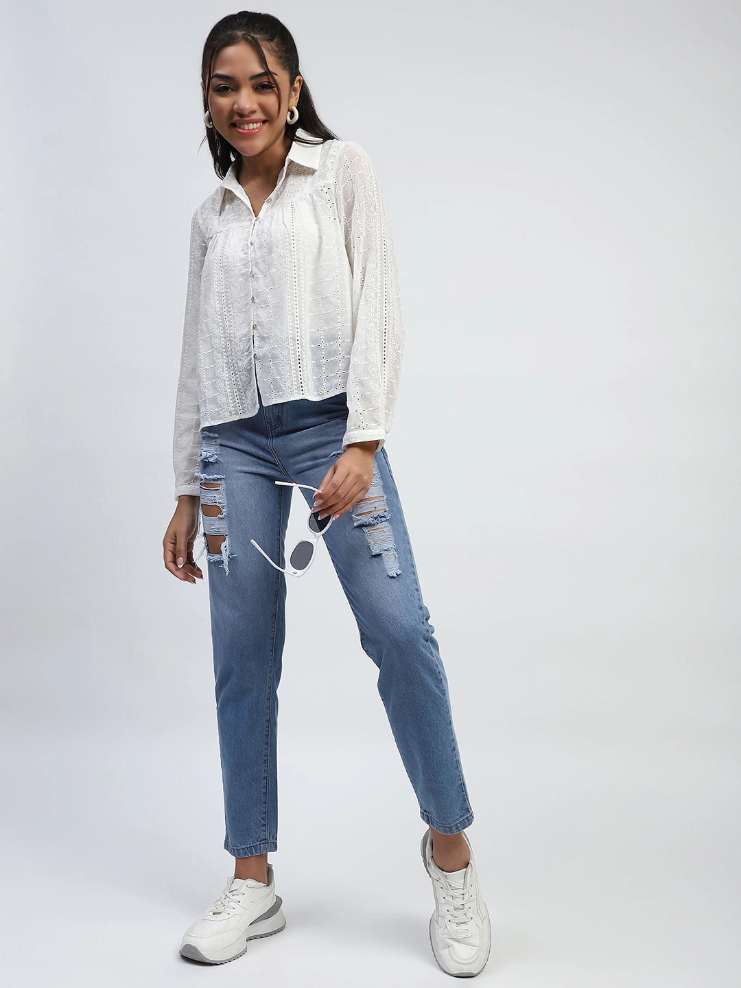 Cream Schiffli Embroidered Chiffon Top - Global Republic