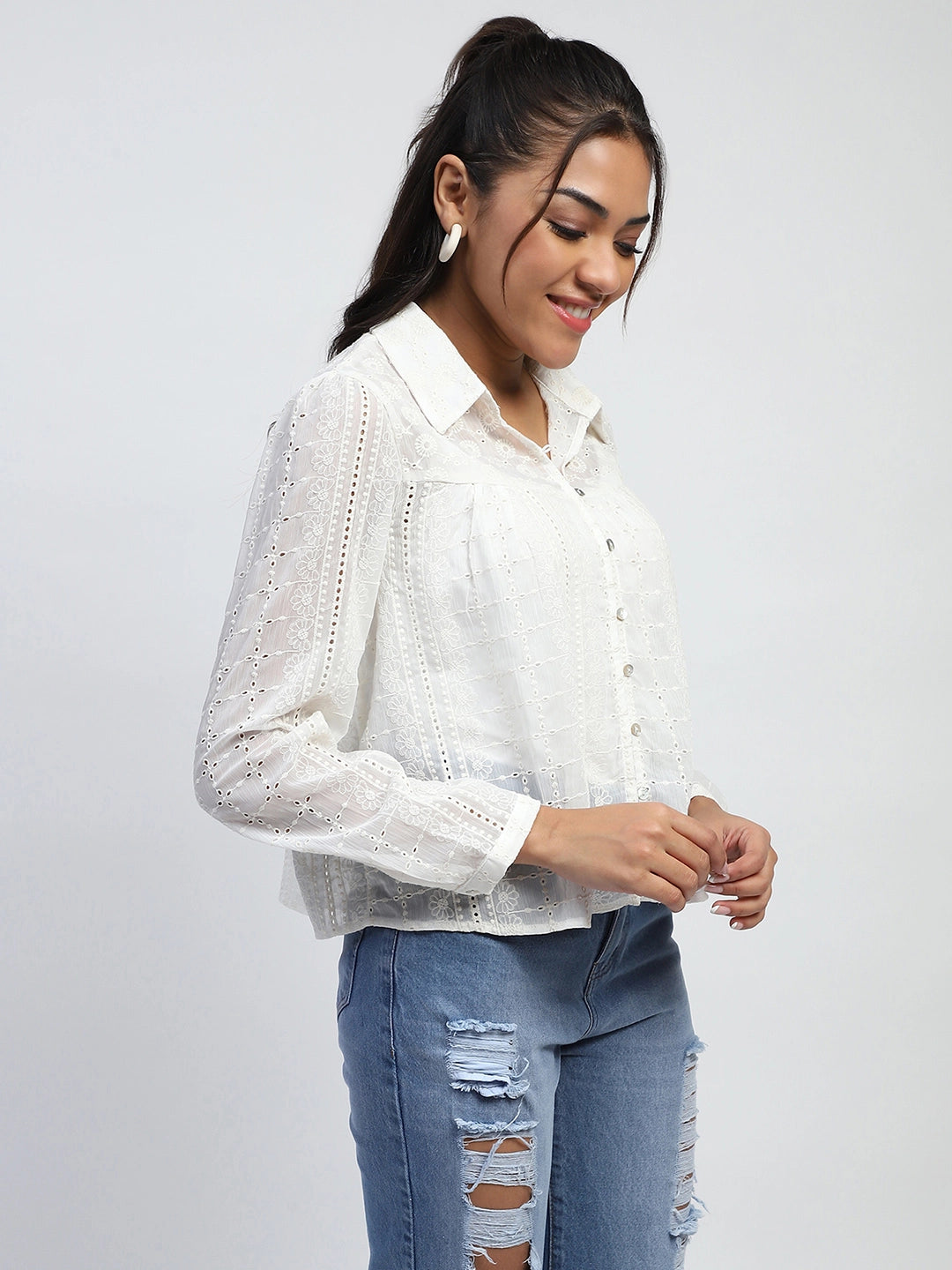 Cream Schiffli Embroidered Chiffon Top - Global Republic