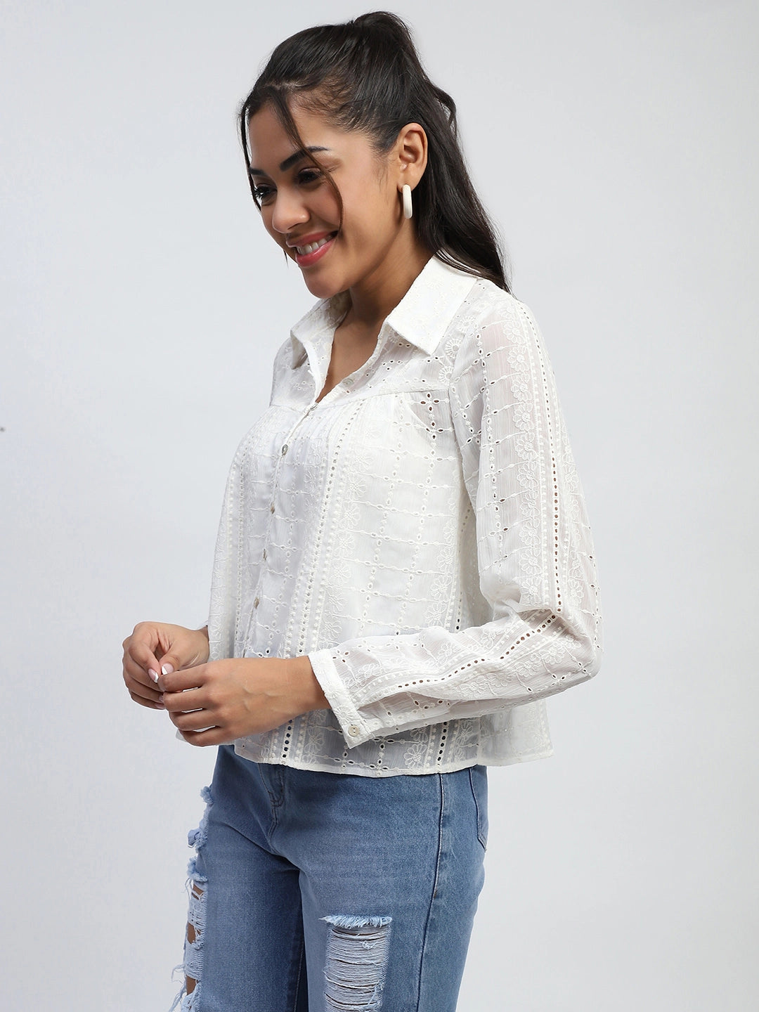 Cream Schiffli Embroidered Chiffon Top - Global Republic