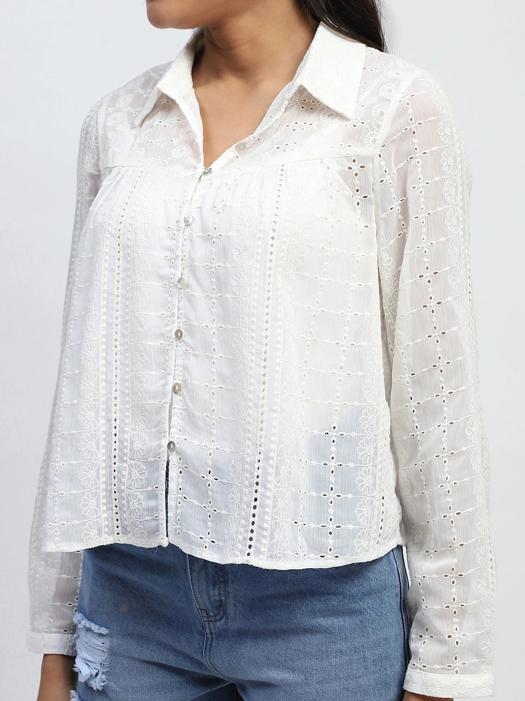 Cream Schiffli Embroidered Chiffon Top - Global Republic
