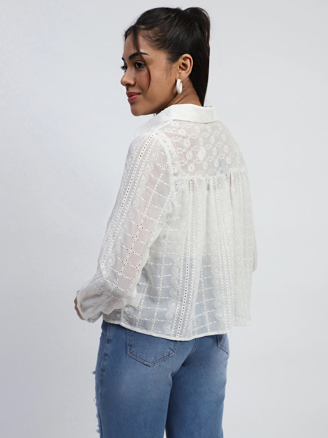 Cream Schiffli Embroidered Chiffon Top - Global Republic
