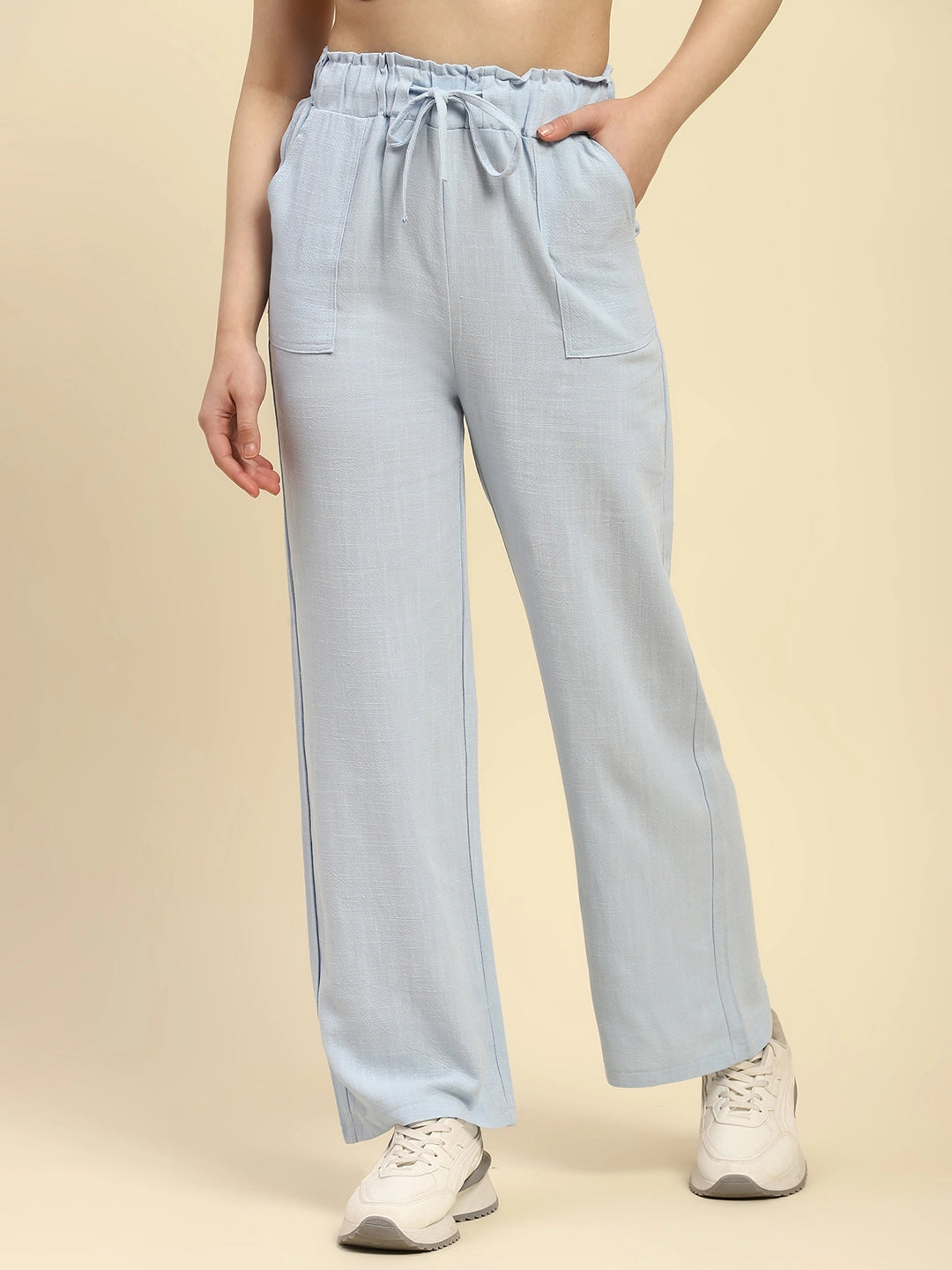 Blue Solid Cotton Linen Relaxed Lower