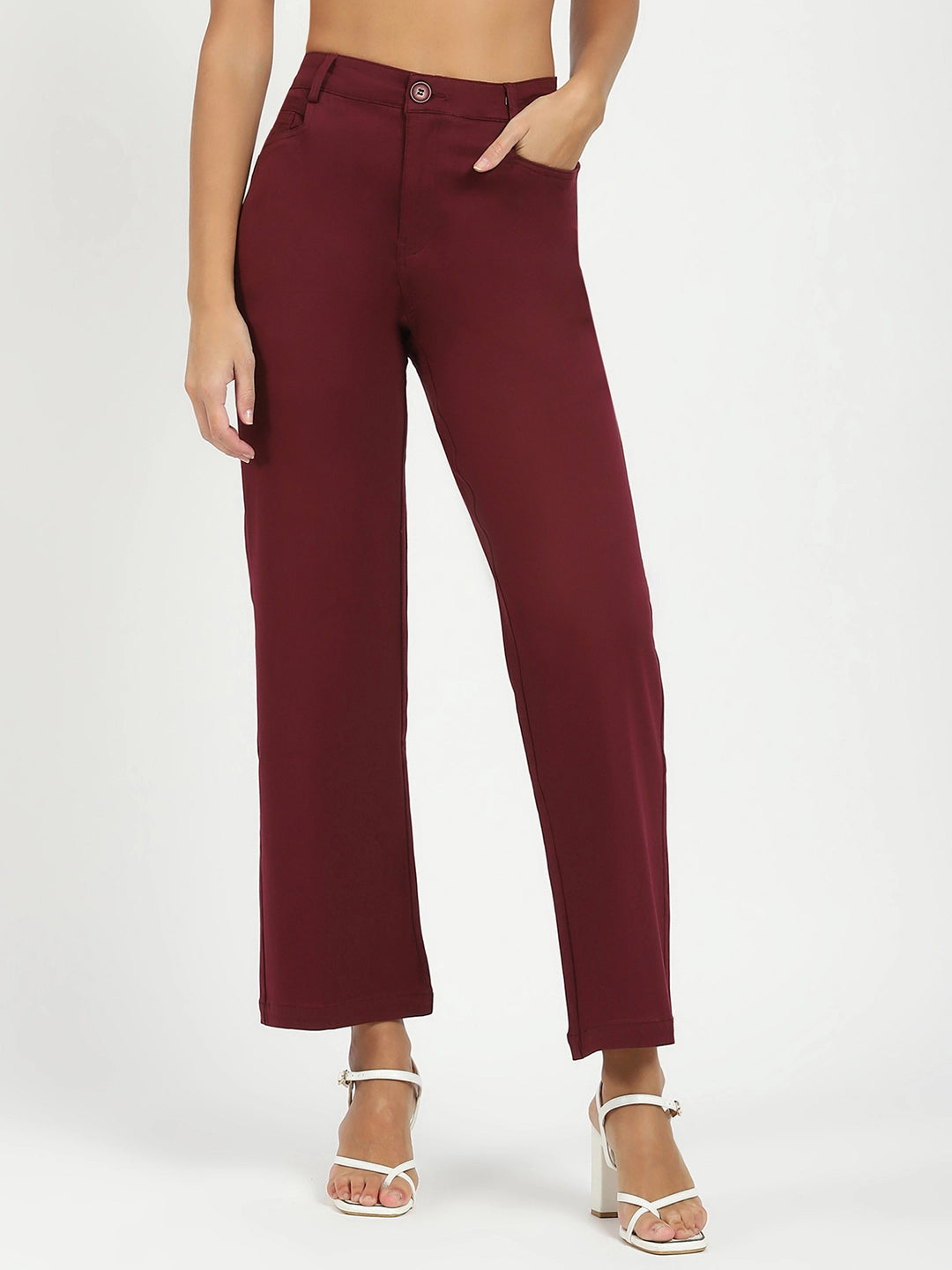 Wine Stretchable Loose Fit Trousers