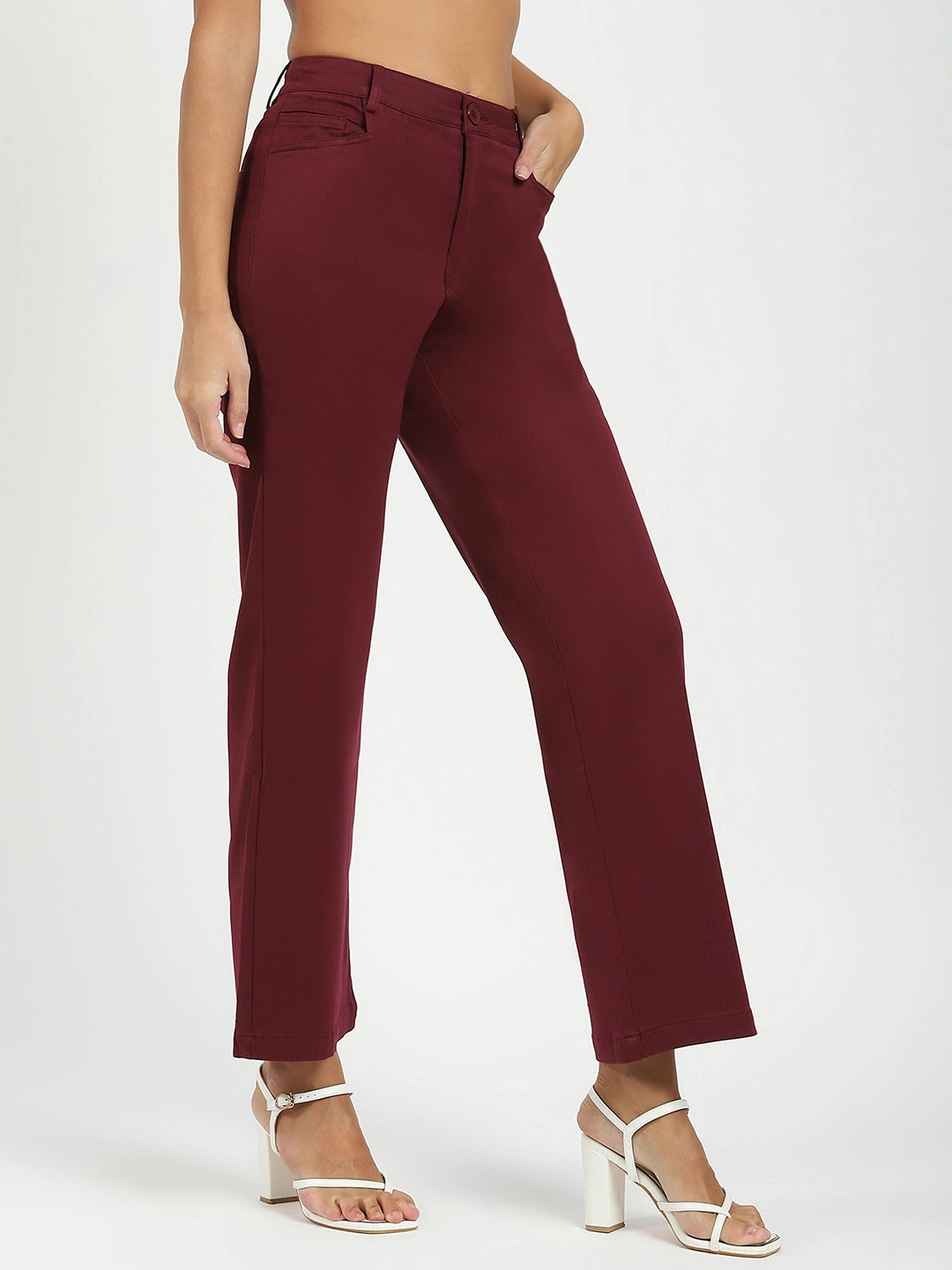 Wine Stretchable Loose Fit Trousers
