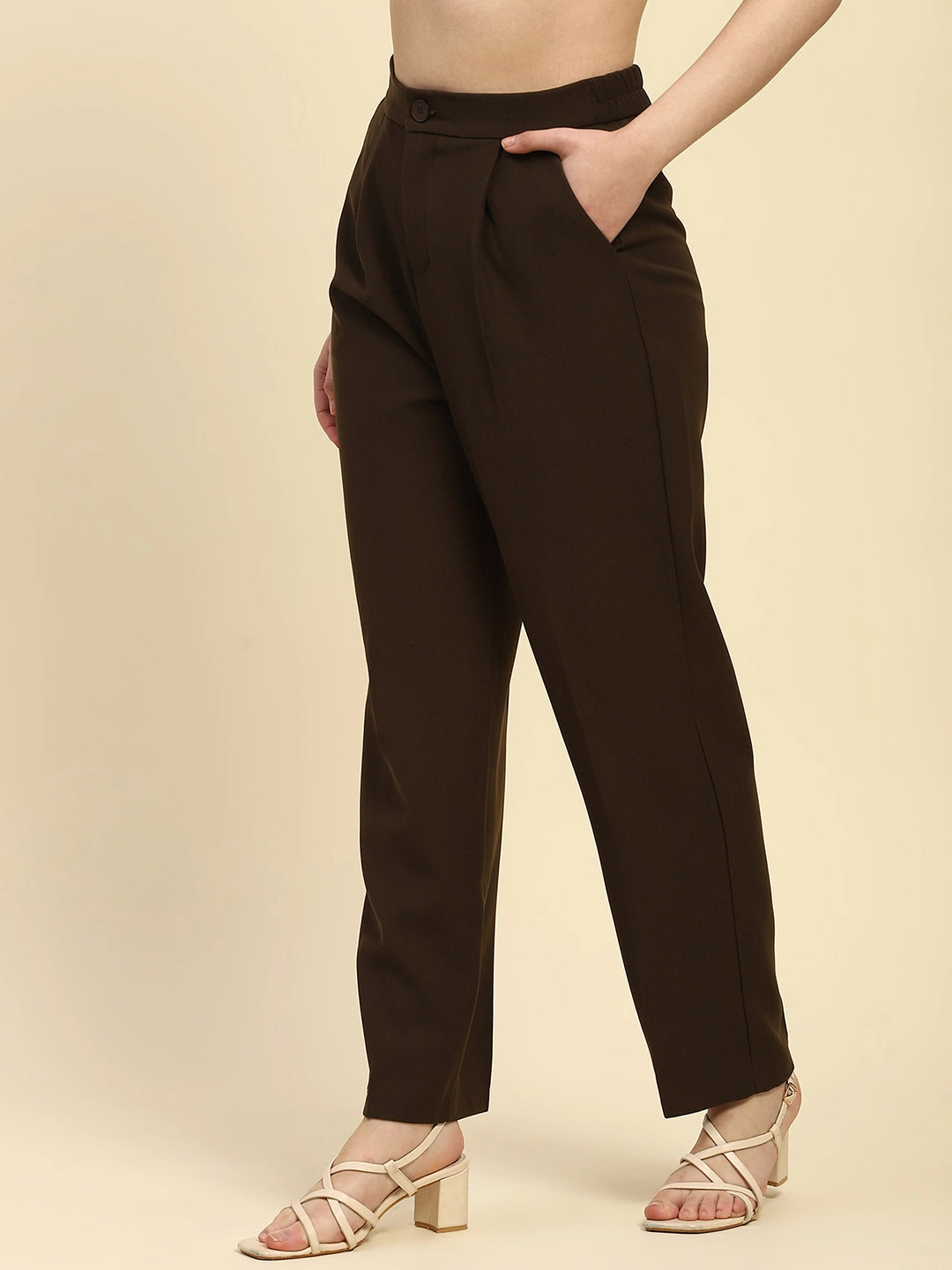 Brown Poly Blend Korean Formal Trouser