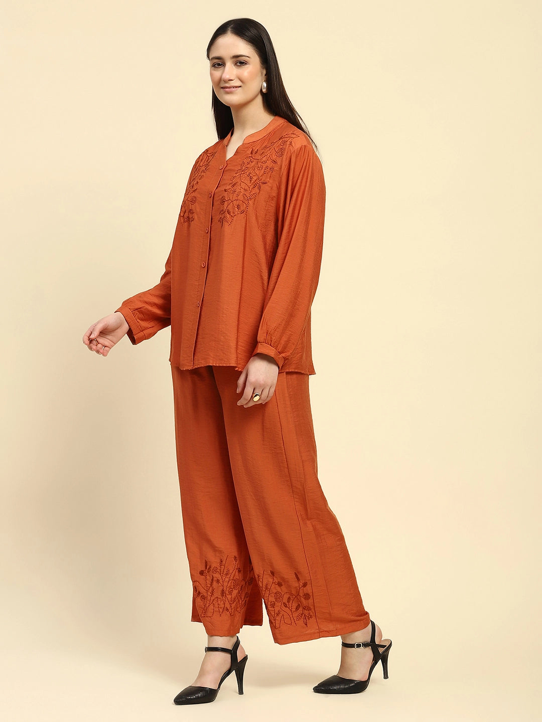 Rust Embroidered Rayon Nightsuit - Global Republic
