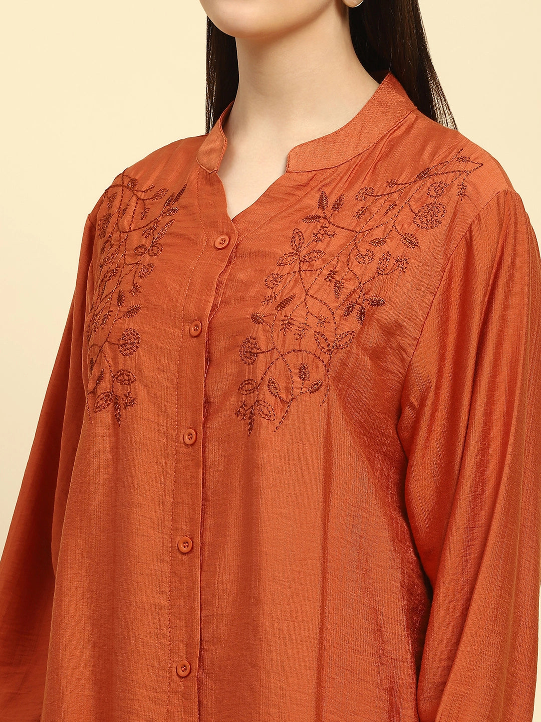 Rust Embroidered Rayon Nightsuit - Global Republic